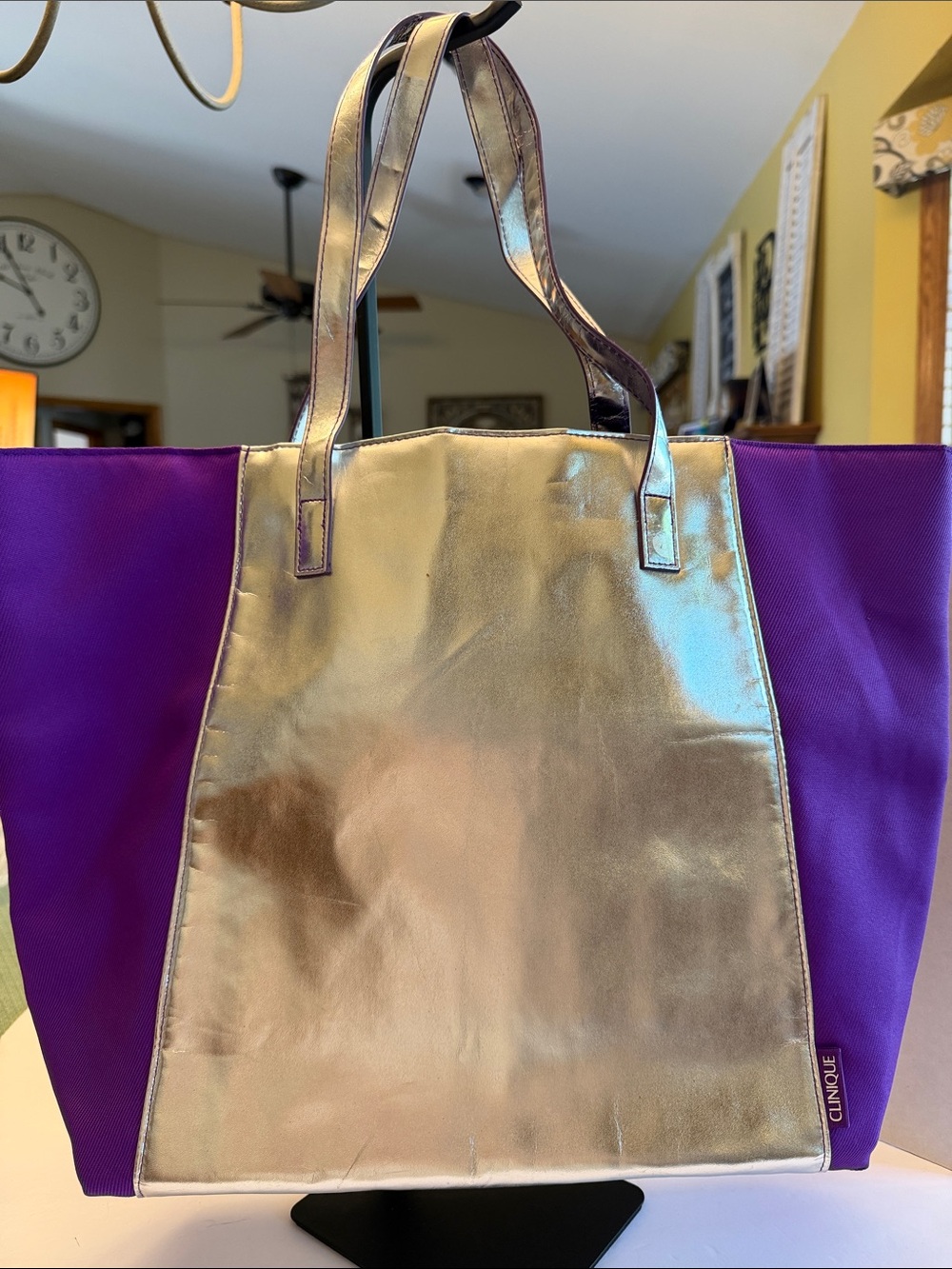Clinique Purple Tote with Metallic Gold Front Panel